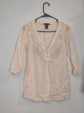 H&M Beige Cotton Eyelet Boho Tunic Blouse XS 2